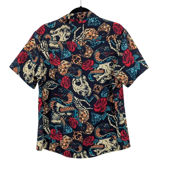 Hawaiian Button Down Men Shirt Size M Skulls Roses Dice Allover Print Retro Art - Picture 2 of 10